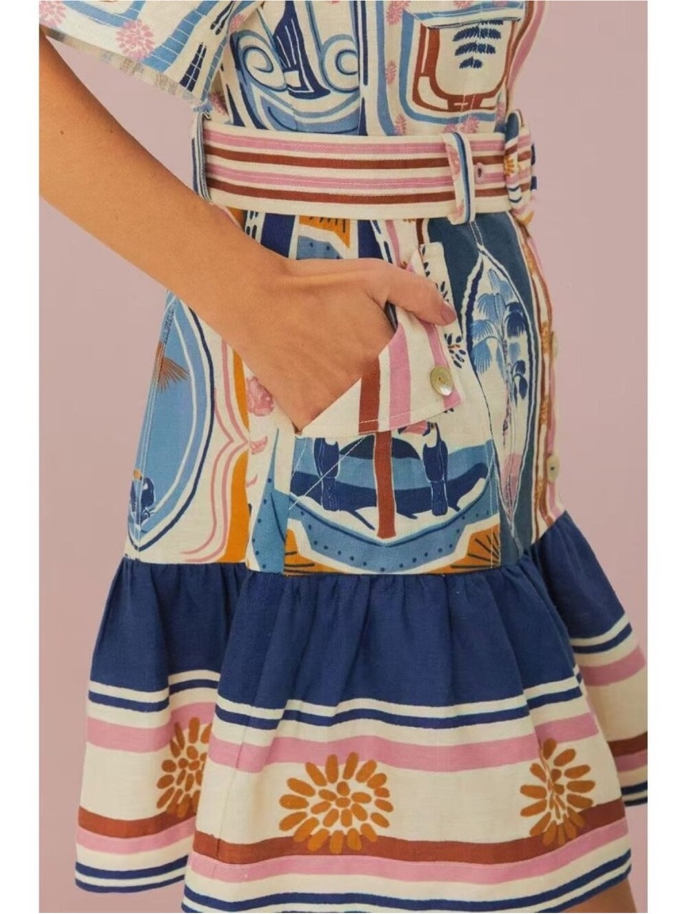 FARM Rio Multicolor Printed Belted Shirt Mini Dress - Blue, Pink, White, Gold - Picture 5 of 15